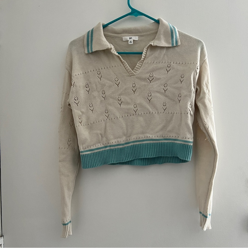 Cream and teal knit crop collared long sleeve sweater size XS
